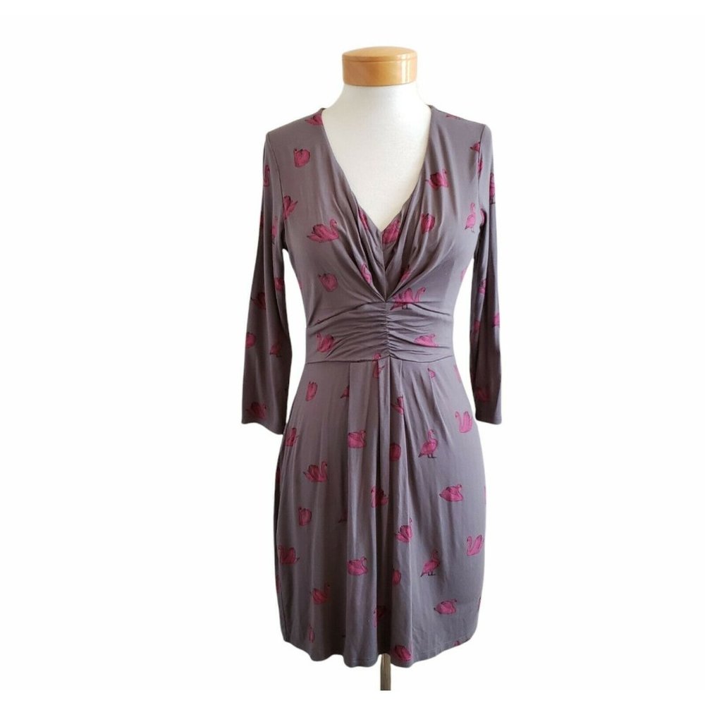 Boden Marion Jersey Swan V Neck Long Sleeve Ruched Waist Dress 6